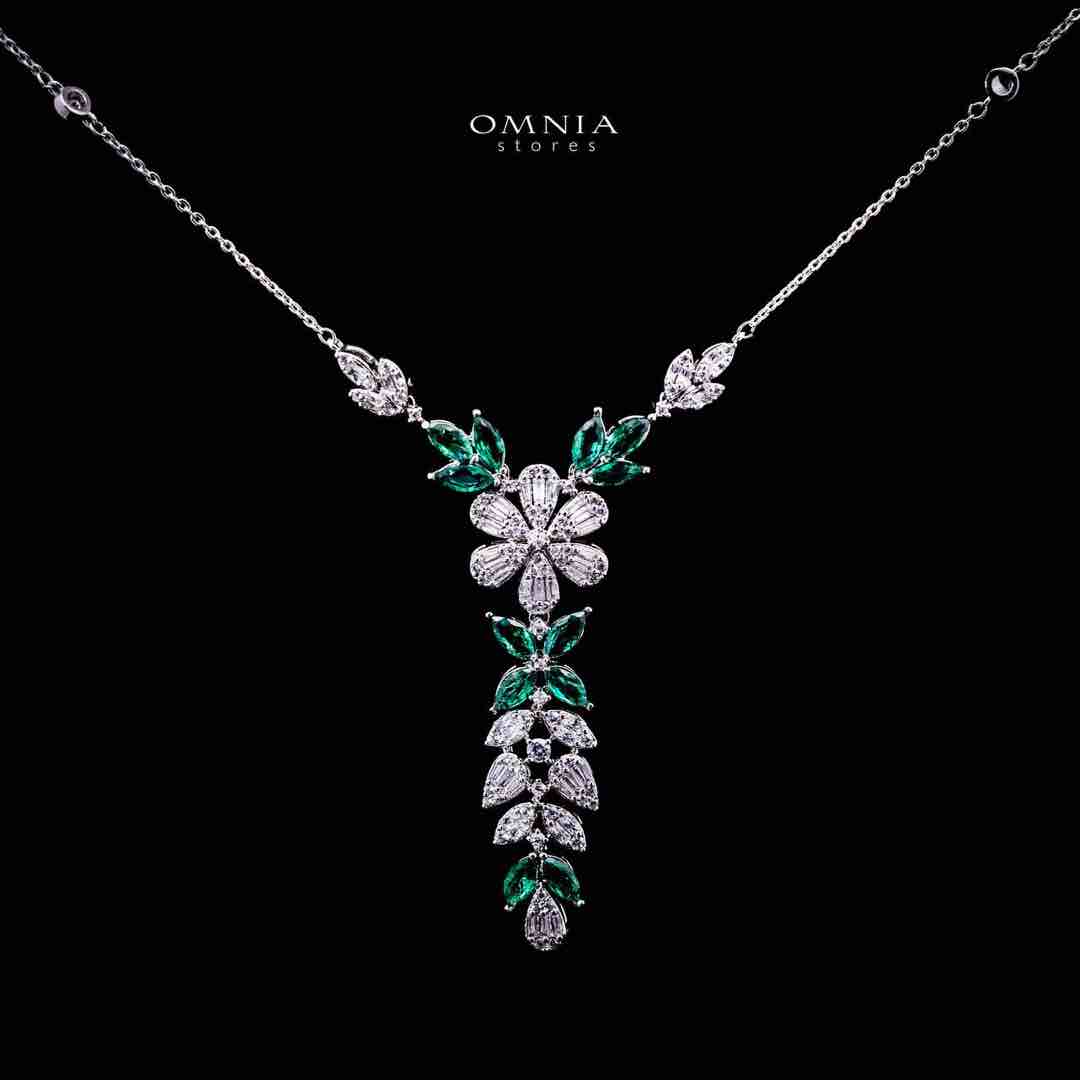 Omnia Leyla Luxury White & Green Necklace, Earrings & Ring Set in High Quality Zircon Stone Rhodium Plated