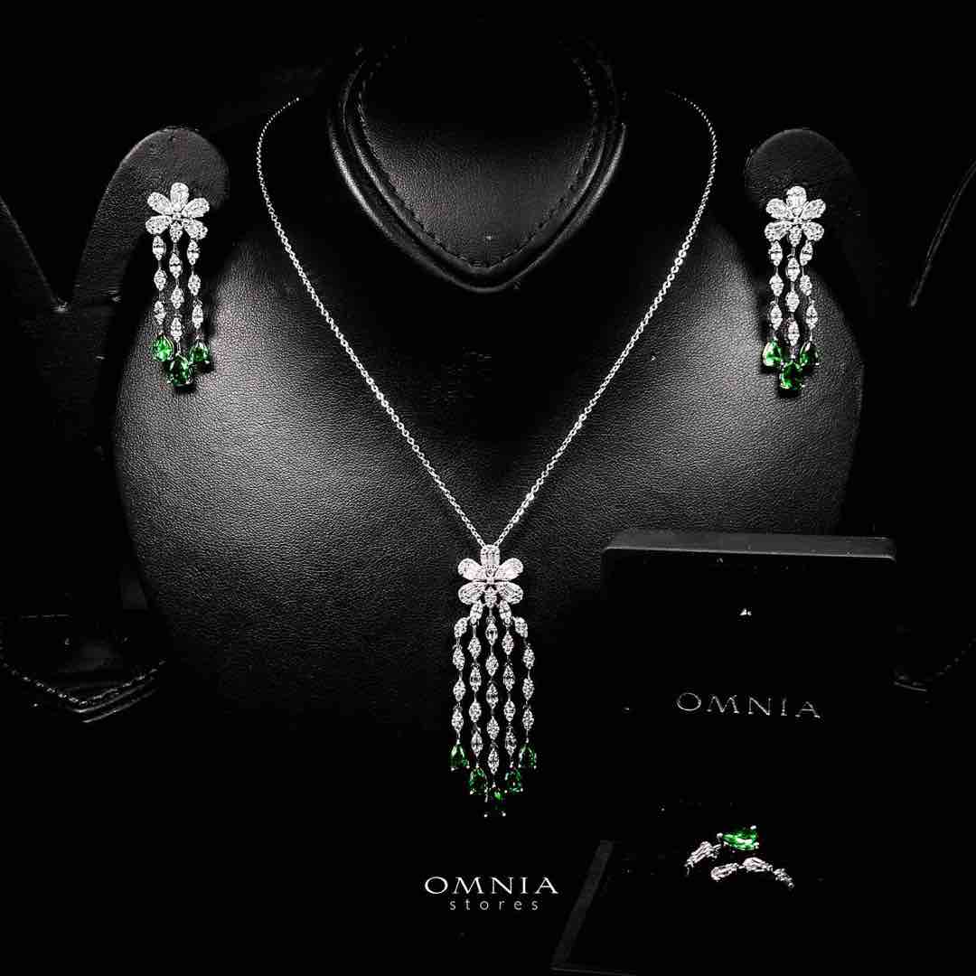 Omnia Alisha Luxury White & Green Necklace, Earrings & Ring Set in High Quality Zircon Stone Rhodium Plated
