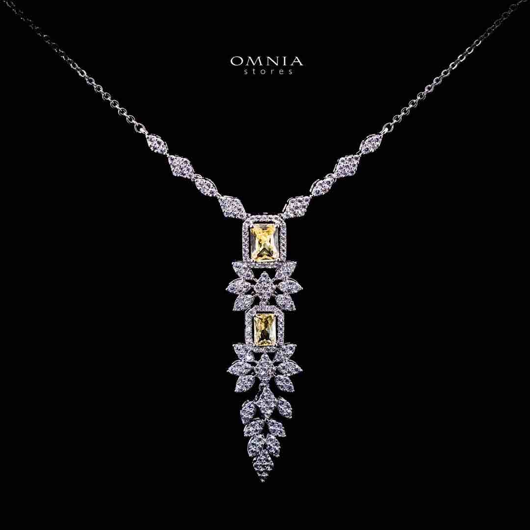 Omnia Saniyah Luxury White & Yellow Necklace, Earrings & Ring Set in High Quality Zircon Stone Rhodium Plated