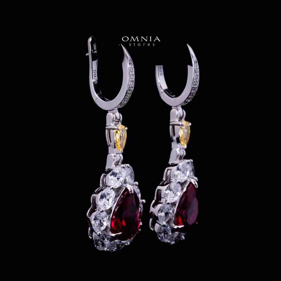Omnia Amarah Red & Yellow Stone Drop Earrings in 925 Silver with High Quality Simulated Diamonds
