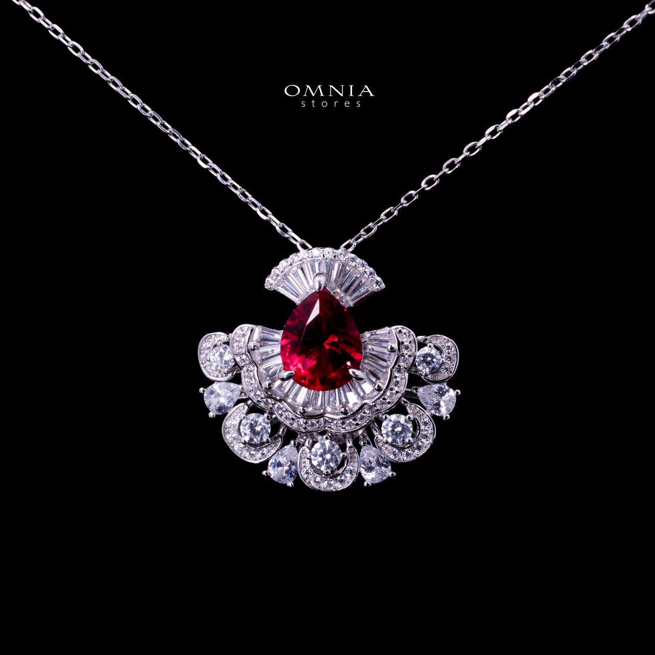 Omnia Aleyna Red Stone Silver Pendant Necklace in 925 Silver with High Quality Simulated Diamonds