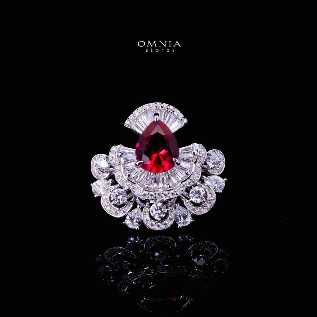 Omnia Aleyna Red Stone Silver Ring in 925 Silver with High Quality Simulated Diamonds