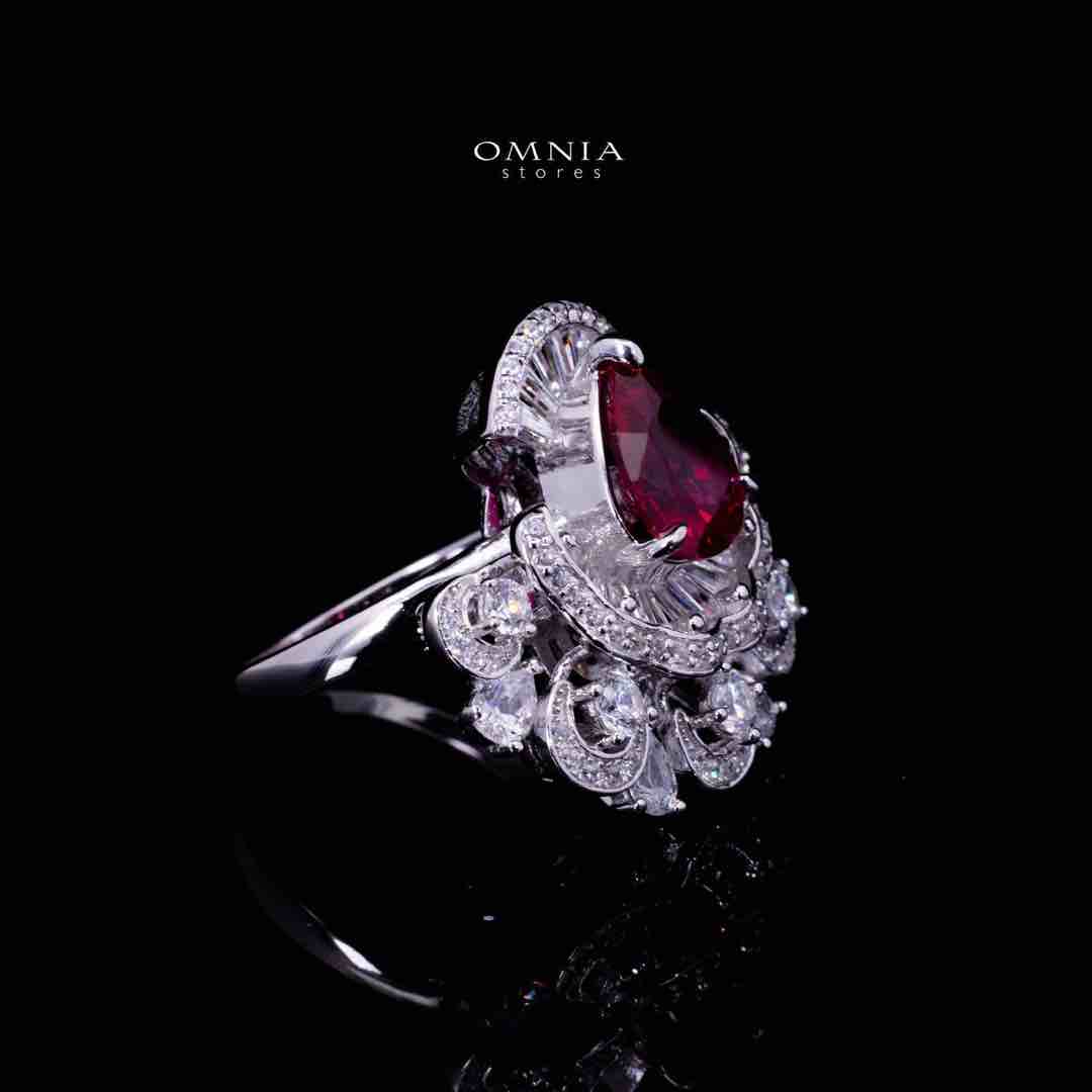 Omnia Aleyna Red Stone Silver Ring in 925 Silver with High Quality Simulated Diamonds