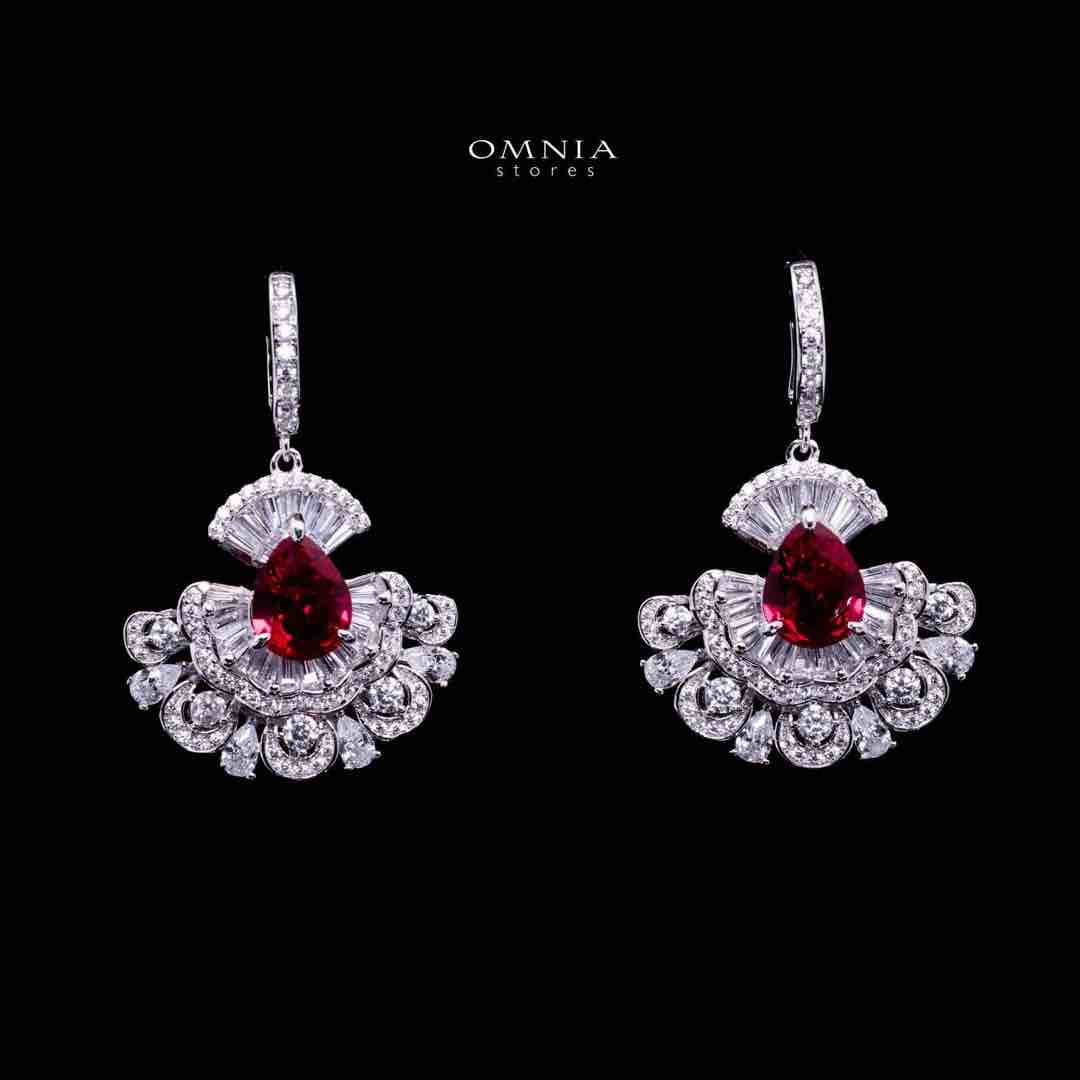 Omnia Aleyna Red Stone Silver Drop Earrings in 925 Silver with High Quality Simulated Diamonds