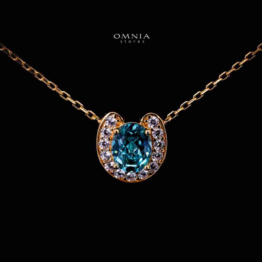 Omnia Amyra Sky Blue Stone Gold Pendant Necklace in 925 Silver with High Quality Simulated Diamonds