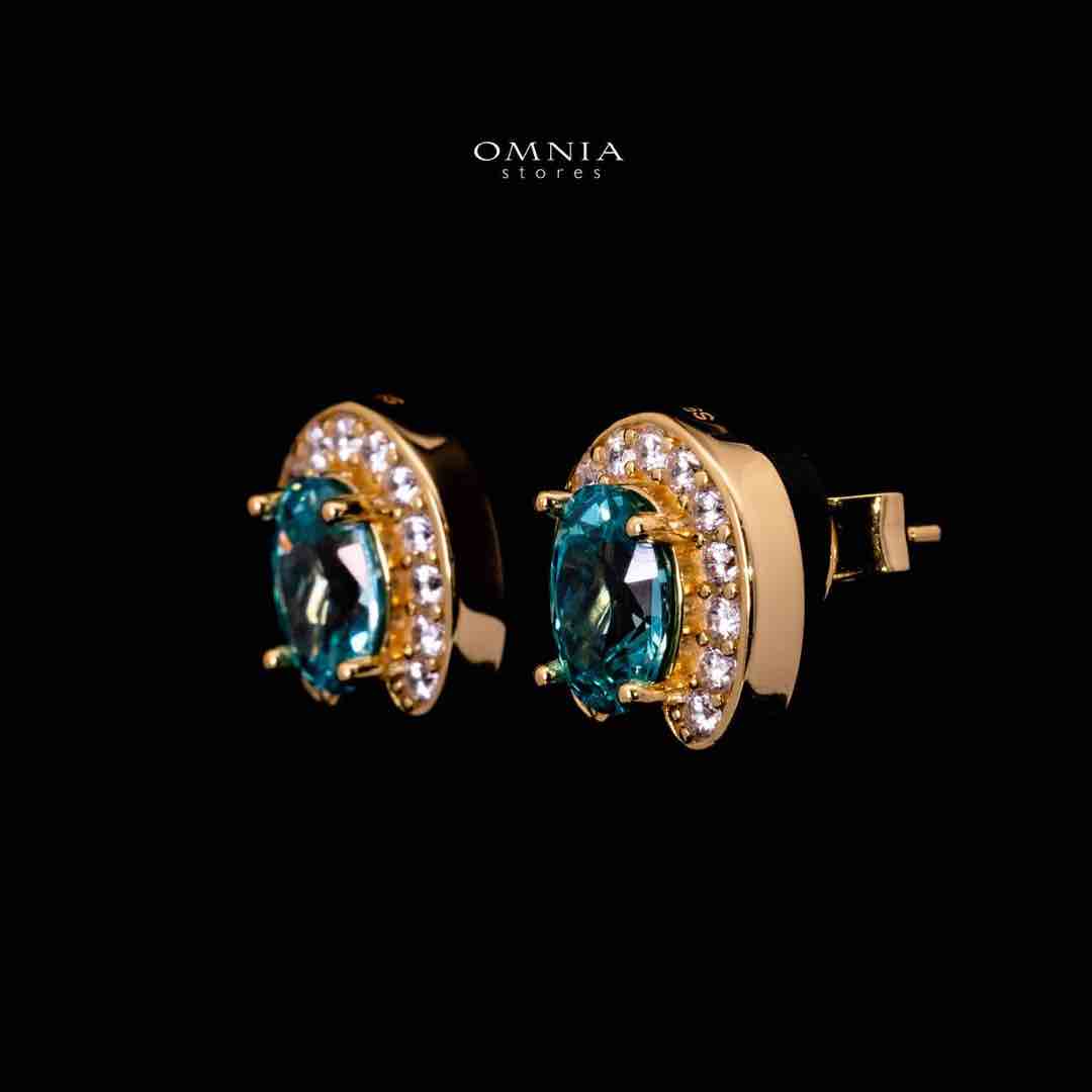 Omnia Amyra Sky Blue Stone Gold Stud Earrings in 925 Silver with High Quality Simulated Diamonds