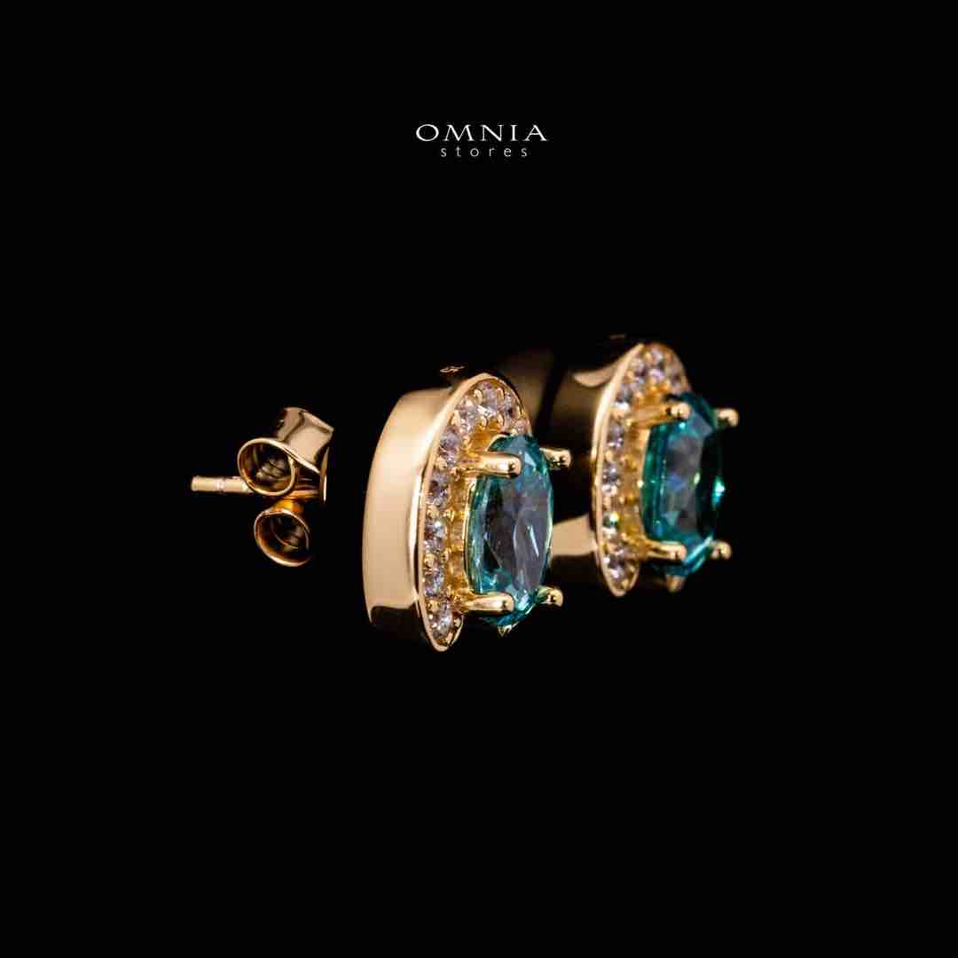 Omnia Amyra Sky Blue Stone Gold Stud Earrings in 925 Silver with High Quality Simulated Diamonds