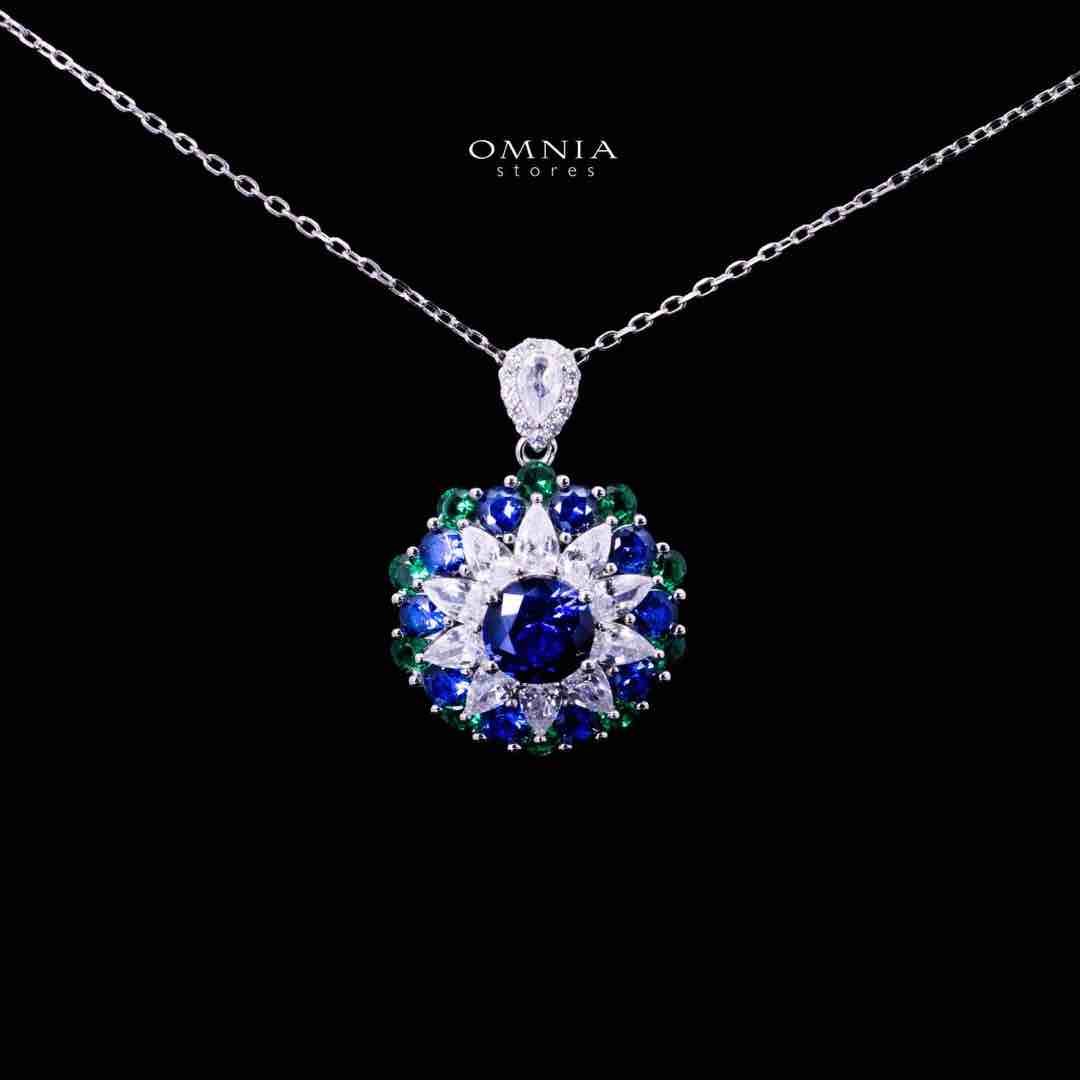 Omnia Aizah Royal Blue & Emerald Green Silver Pendant Necklace in 925 Silver with High Quality Simulated Diamonds