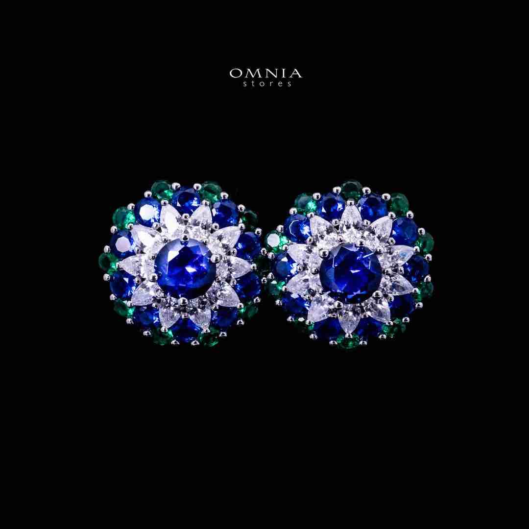Omnia Aizah Royal Blue & Emerald Green Silver Stud Earrings in 925 Silver with High Quality Simulated Diamonds