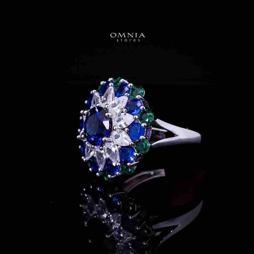 Omnia Aizah Royal Blue & Emerald Green Silver Ring in 925 Silver with High Quality Simulated Diamonds