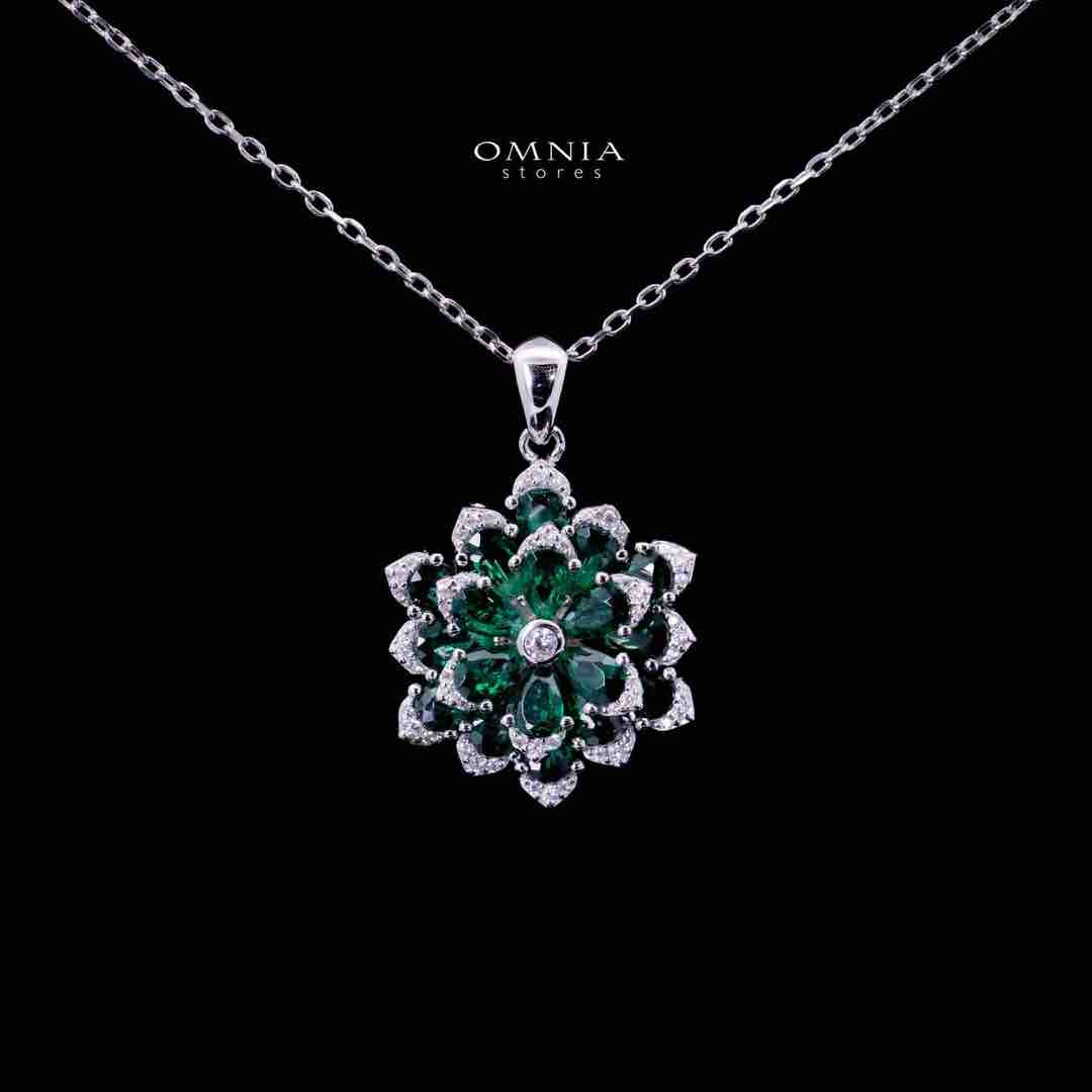 Omnia Damiyah Emerald Green Floral Silver Pendant Necklace in 925 Silver with High Quality Simulated Diamonds