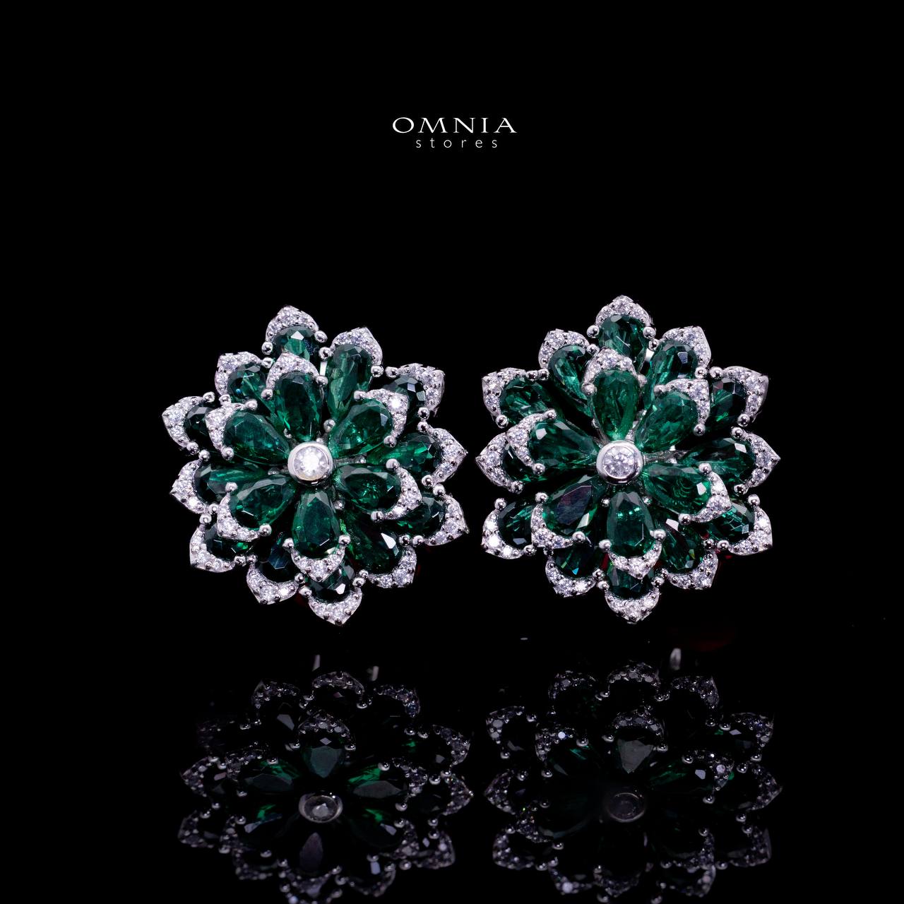 Omnia Damiyah Emerald Green Floral Silver Clip Earrings in 925 Silver with High Quality Simulated Diamonds