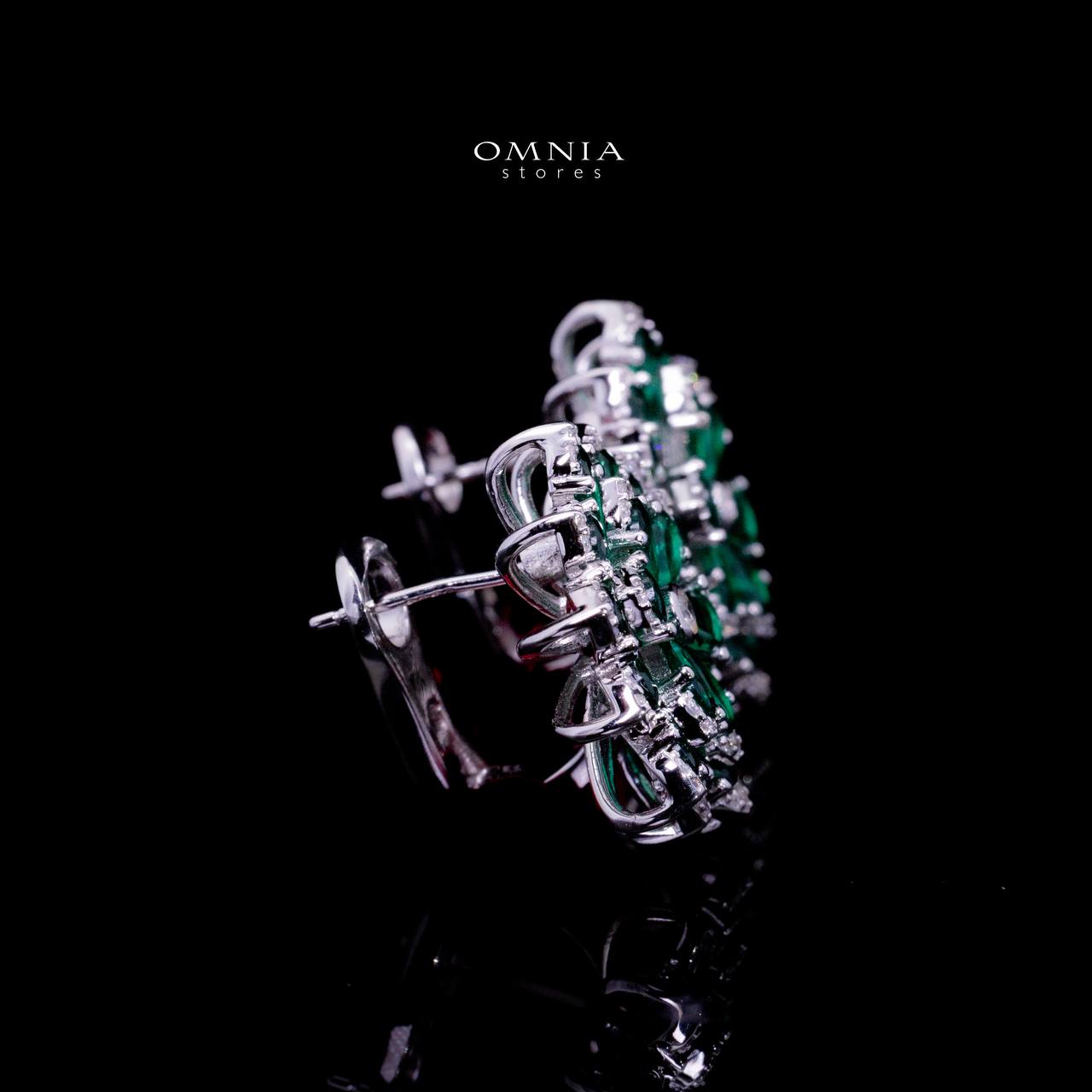 Omnia Damiyah Emerald Green Floral Silver Clip Earrings in 925 Silver with High Quality Simulated Diamonds