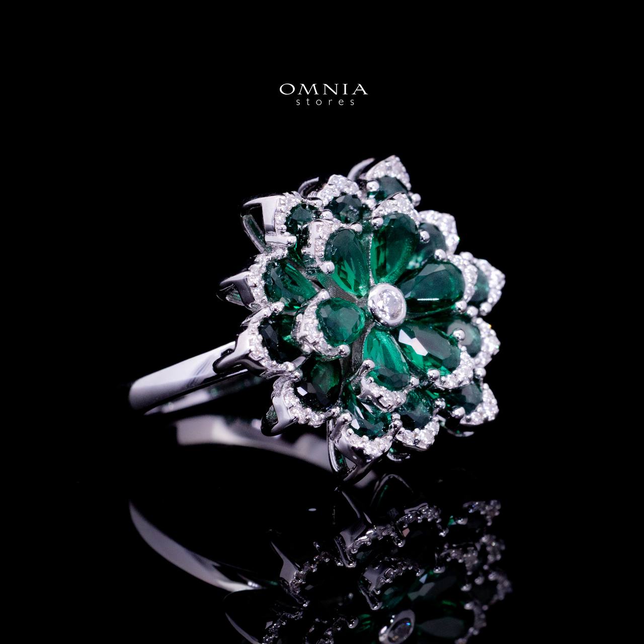 Omnia Damiyah Emerald Green Floral Silver Ring in 925 Silver with High Quality Simulated Diamonds