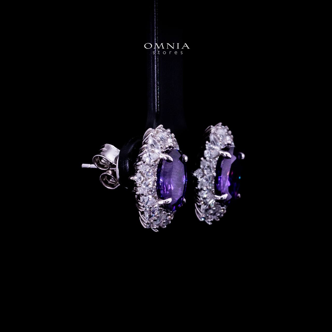 Omnia Anayah Purple Stone Silver Stud Earrings in 925 Silver with High Quality Simulated Diamonds