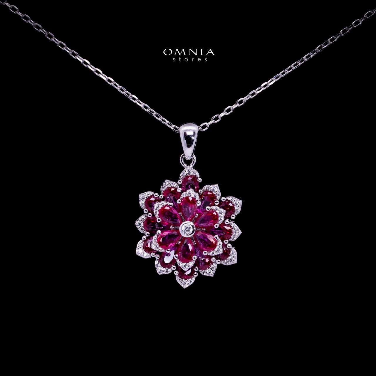 Omnia Damiyah Red Floral Silver Pendant Necklace in 925 Silver with High Quality Simulated Diamonds