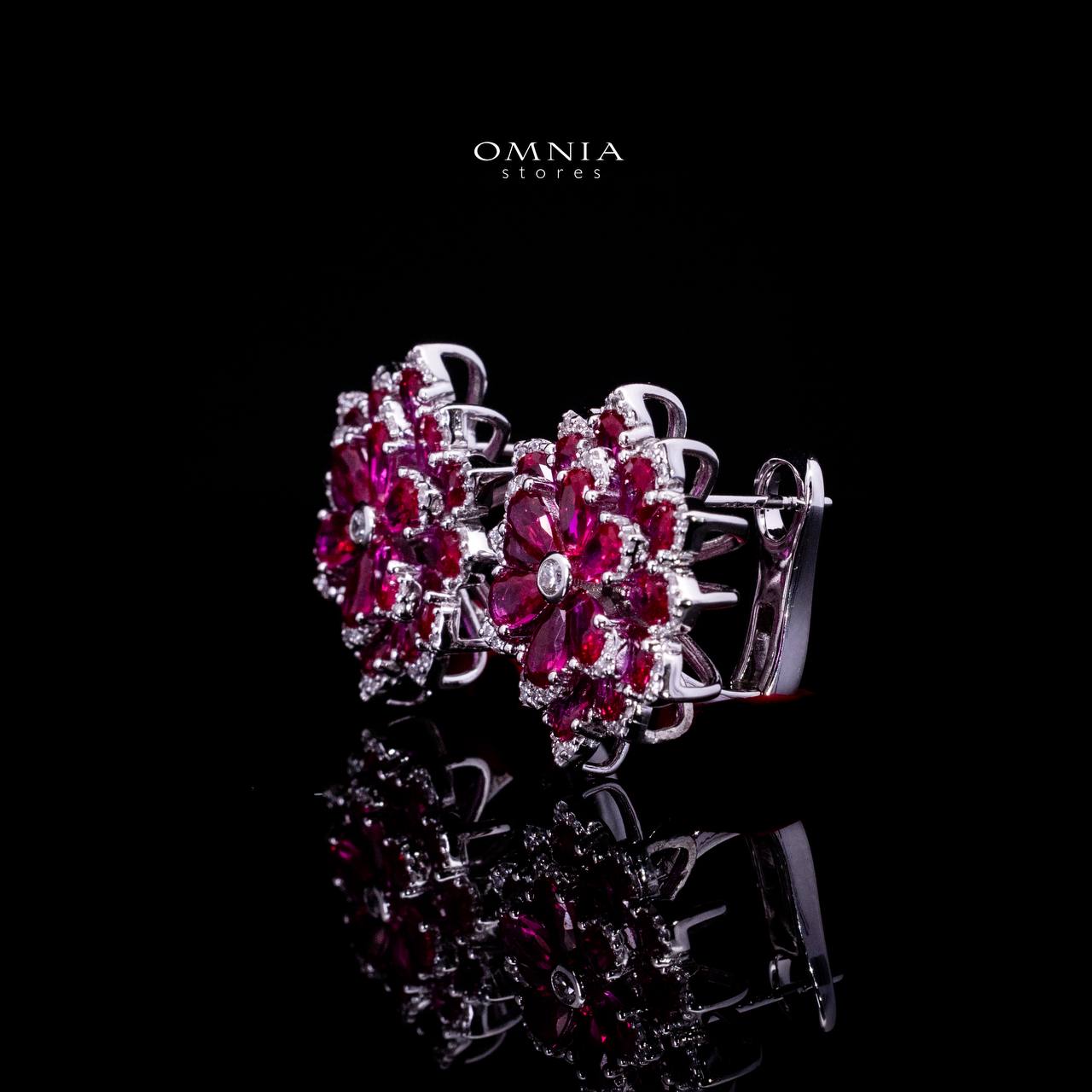 Omnia Damiyah Red Floral Silver Clip Earrings in 925 Silver with High Quality Simulated Diamonds