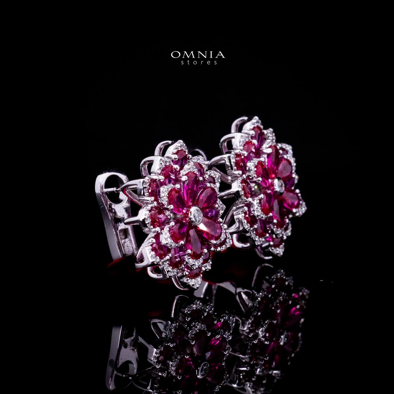 Omnia Damiyah Red Floral Silver Clip Earrings in 925 Silver with High Quality Simulated Diamonds