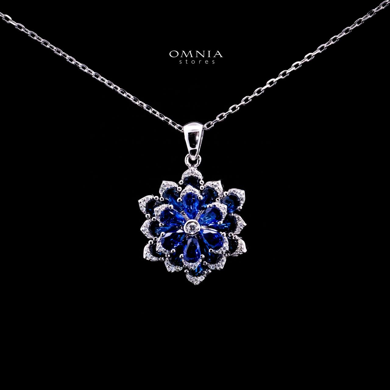 Omnia Damiyah Royal Blue Floral Silver Pendant Necklace in 925 Silver with High Quality Simulated Diamonds
