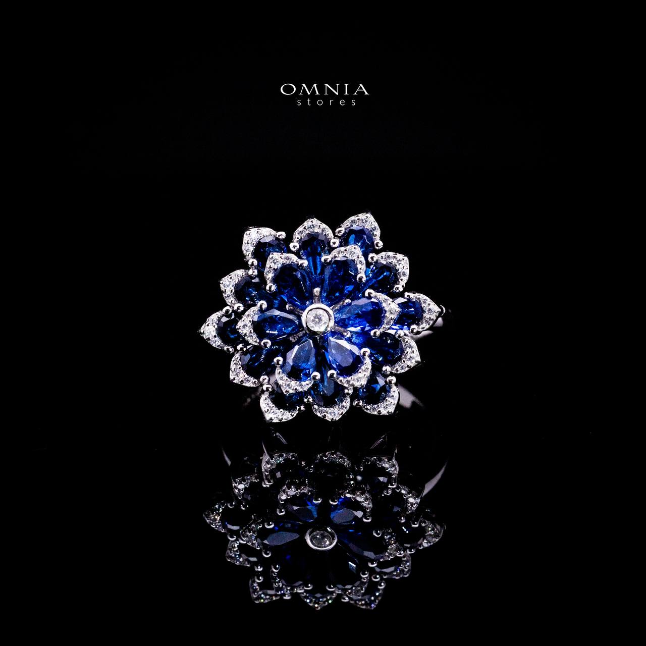 Omnia Damiyah Royal Blue Floral Silver Ring in 925 Silver with High Quality Simulated Diamonds