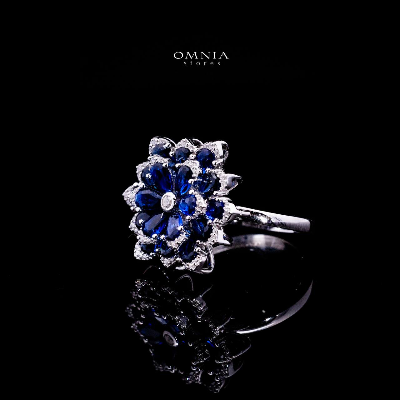 Omnia Damiyah Royal Blue Floral Silver Ring in 925 Silver with High Quality Simulated Diamonds