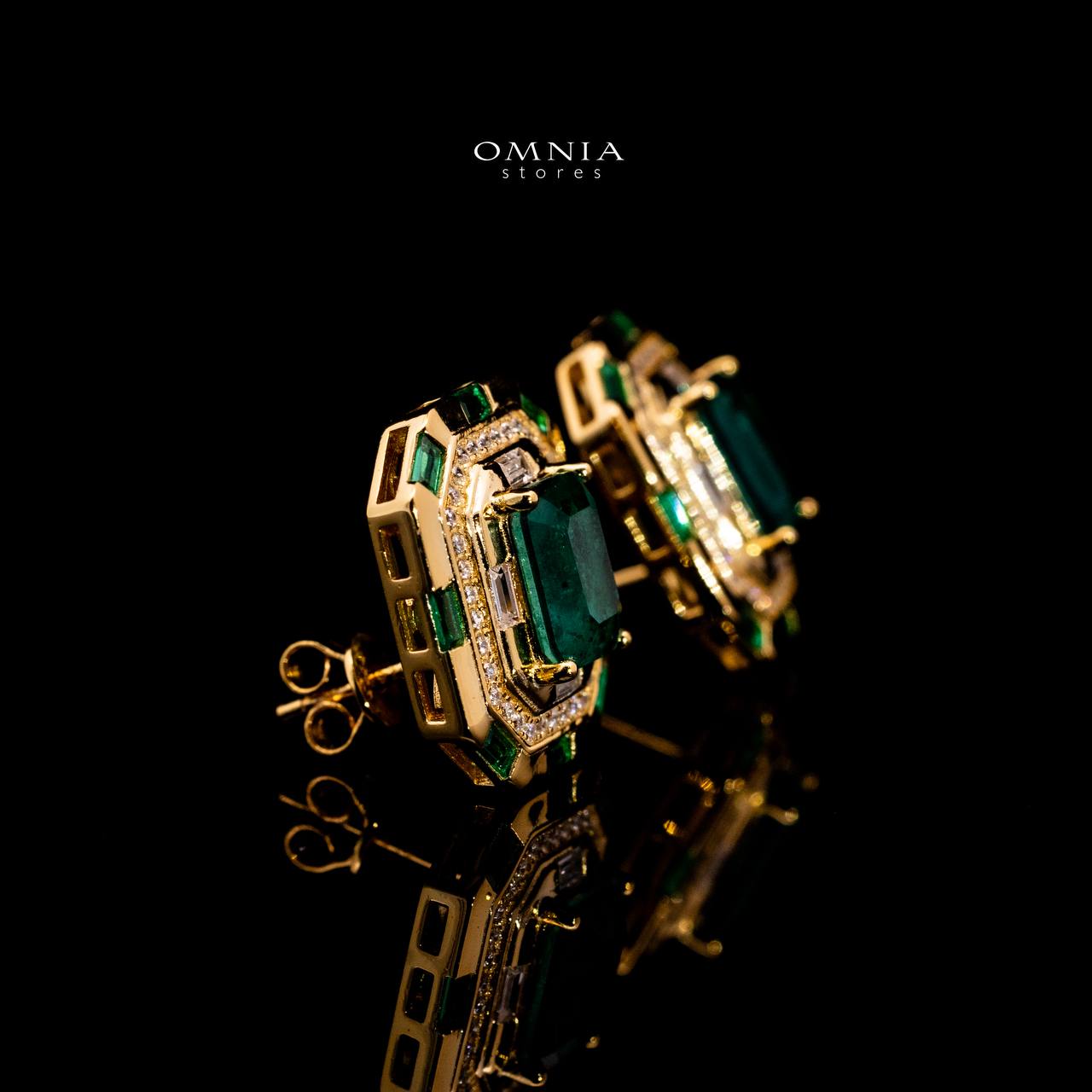 Omnia Zyra Emerald Green Golden Stud Earrings in 925 Silver with High Quality Simulated Diamonds