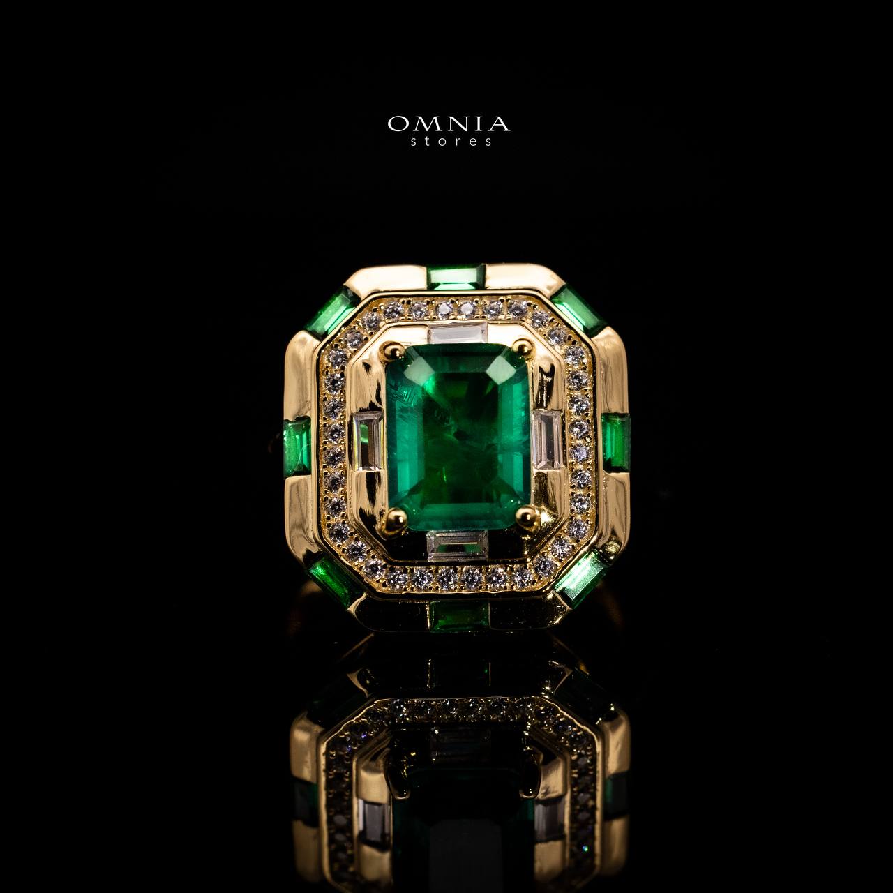 Omnia Zyra Emerald Green Golden Ring in 925 Silver with High Quality Simulated Diamonds - OMNIASTORES UAE