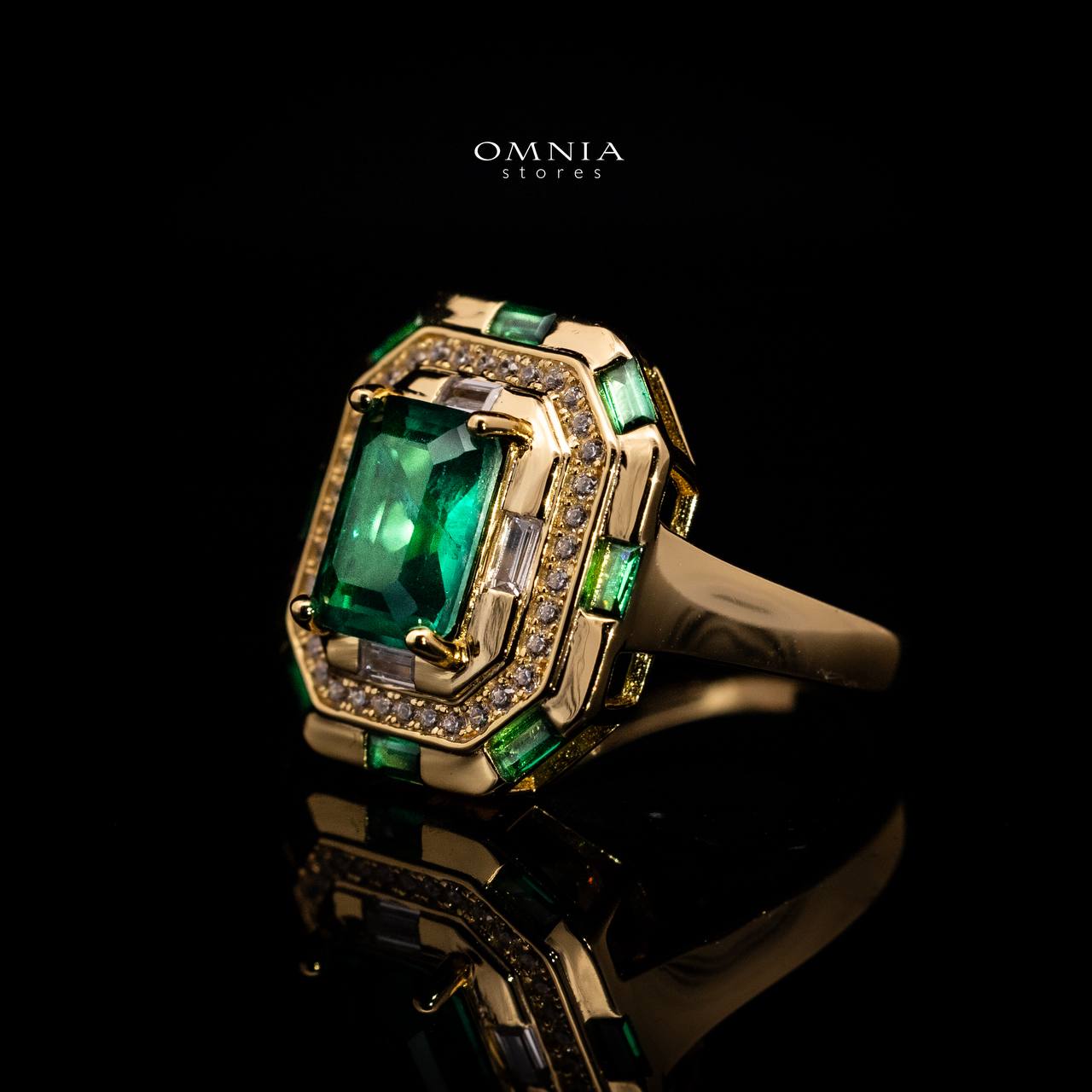 Omnia Zyra Emerald Green Golden Ring in 925 Silver with High Quality Simulated Diamonds - OMNIASTORES UAE