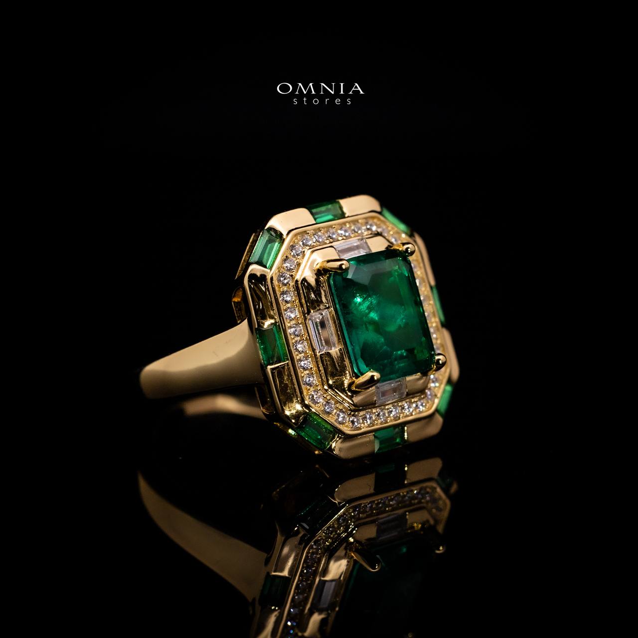 Omnia Zyra Emerald Green Golden Ring in 925 Silver with High Quality Simulated Diamonds - OMNIASTORES UAE