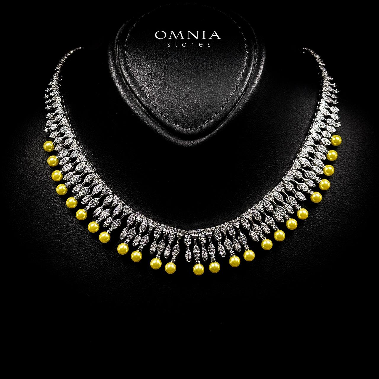 Omnia Shaika White in Golden Pearl Luxury Bridal Full Set in High Quality Zircon Stone Rhodium Plated