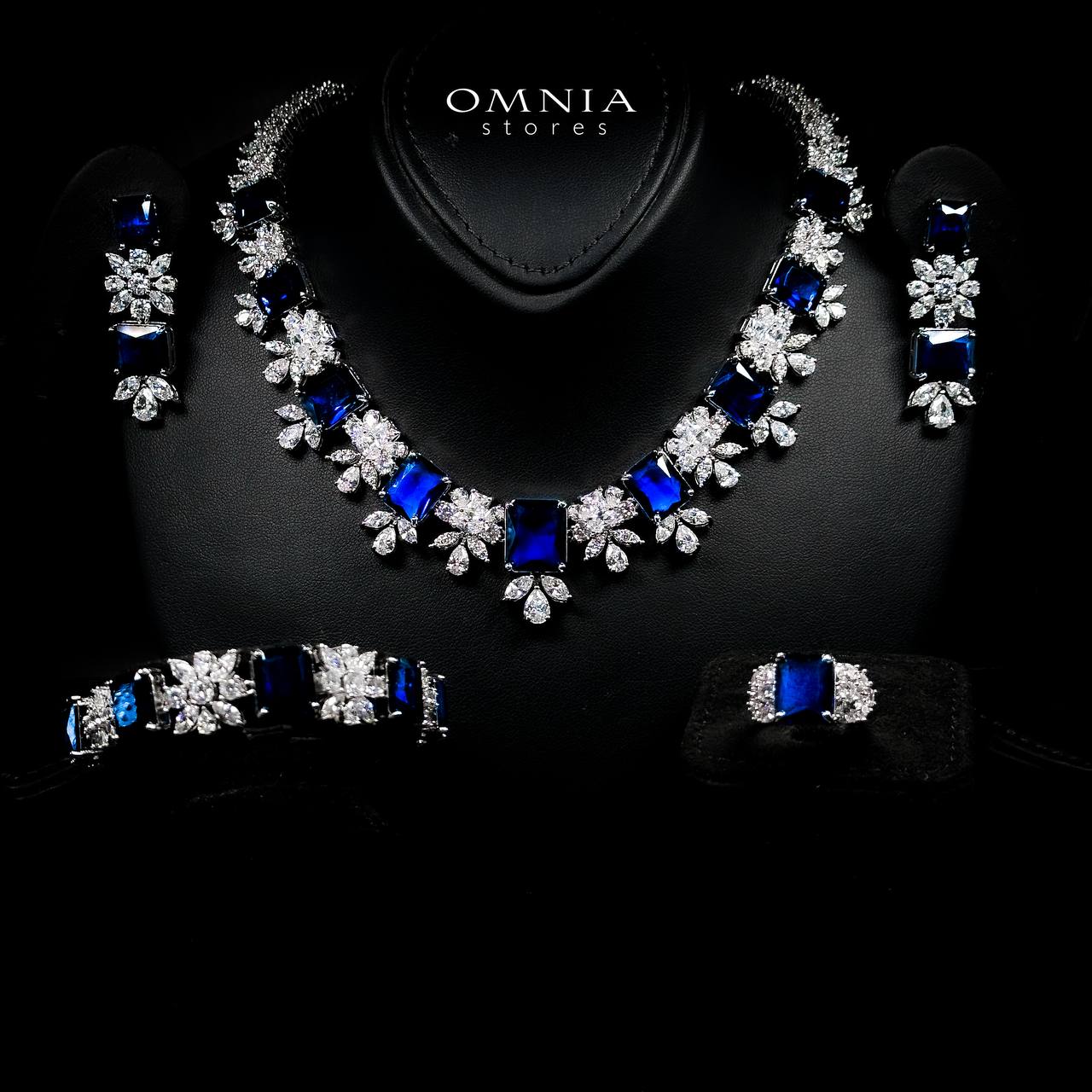 Omnia Charlotte Blue Luxry Bridal Full Set with Emerald and Pear-Cut High-Quality Simulated Diamonds Rhodium Plated