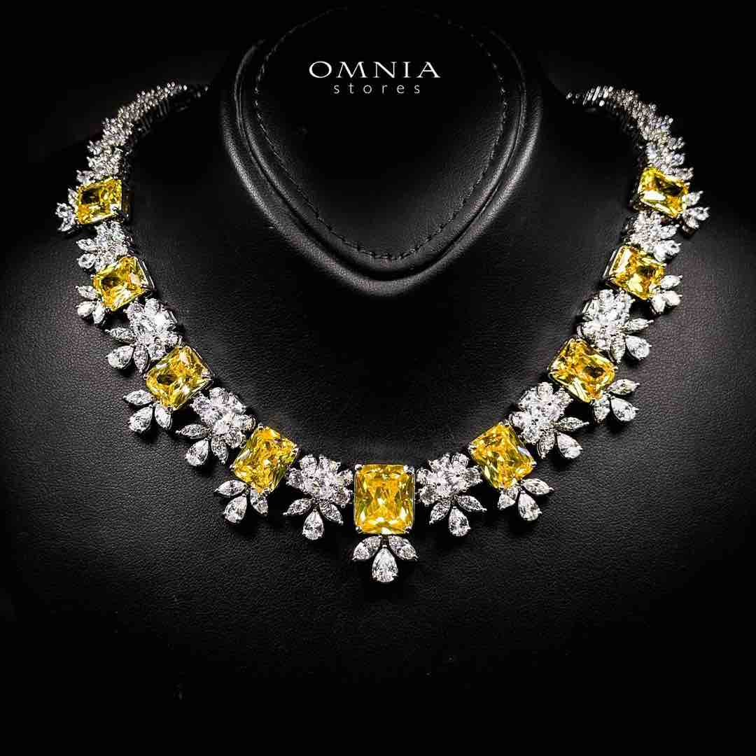Omnia Charlotte Yellow Luxry Bridal Full Set with Emerald and Pear-Cut High-Quality Simulated Diamonds Rhodium Plated