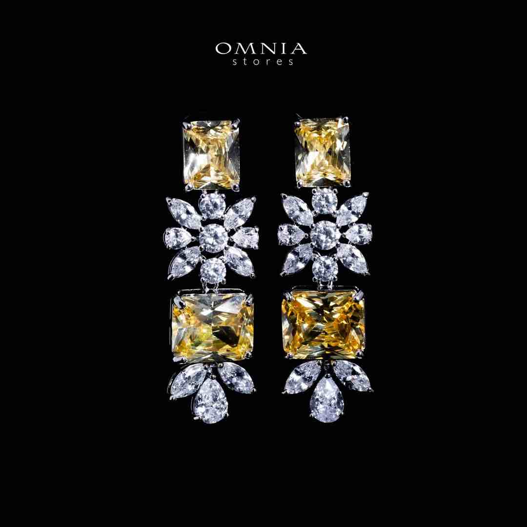 Omnia Charlotte Yellow Luxry Bridal Full Set with Emerald and Pear-Cut High-Quality Simulated Diamonds Rhodium Plated
