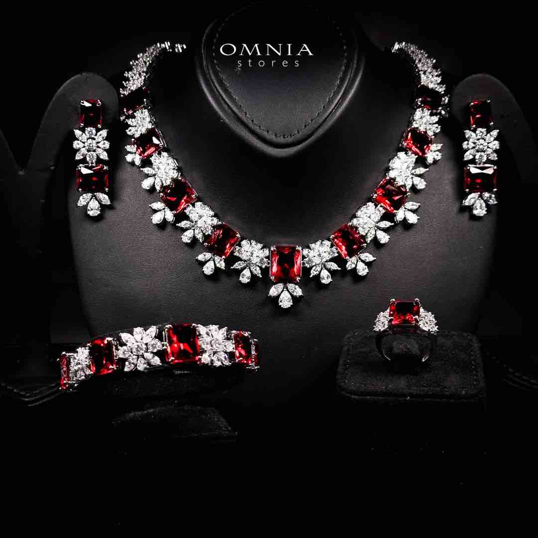 Omnia Charlotte Red Luxry Bridal Full Set with Emerald and Pear-Cut High-Quality Simulated Diamonds Rhodium Plated