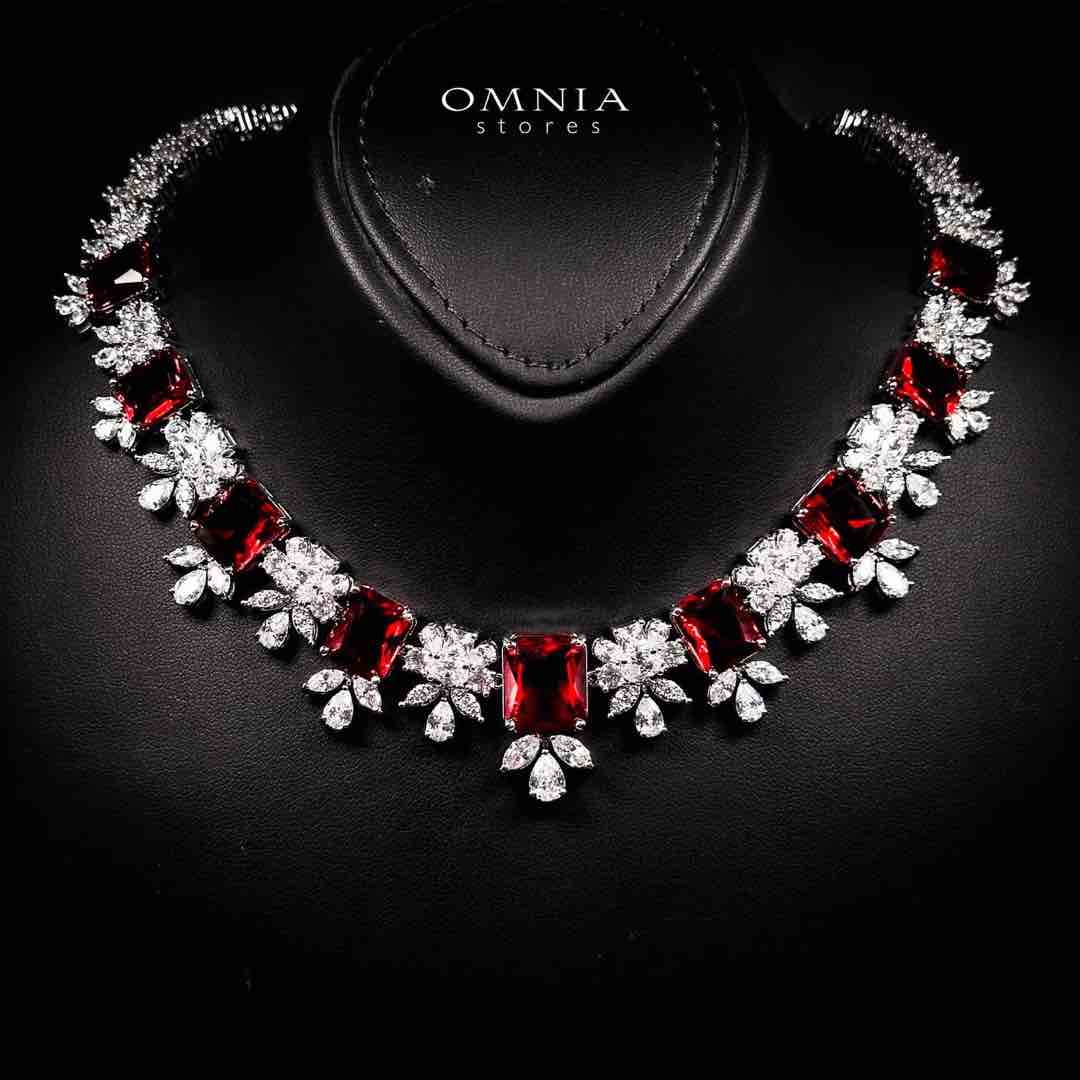 Omnia Charlotte Red Luxry Bridal Full Set with Emerald and Pear-Cut High-Quality Simulated Diamonds Rhodium Plated
