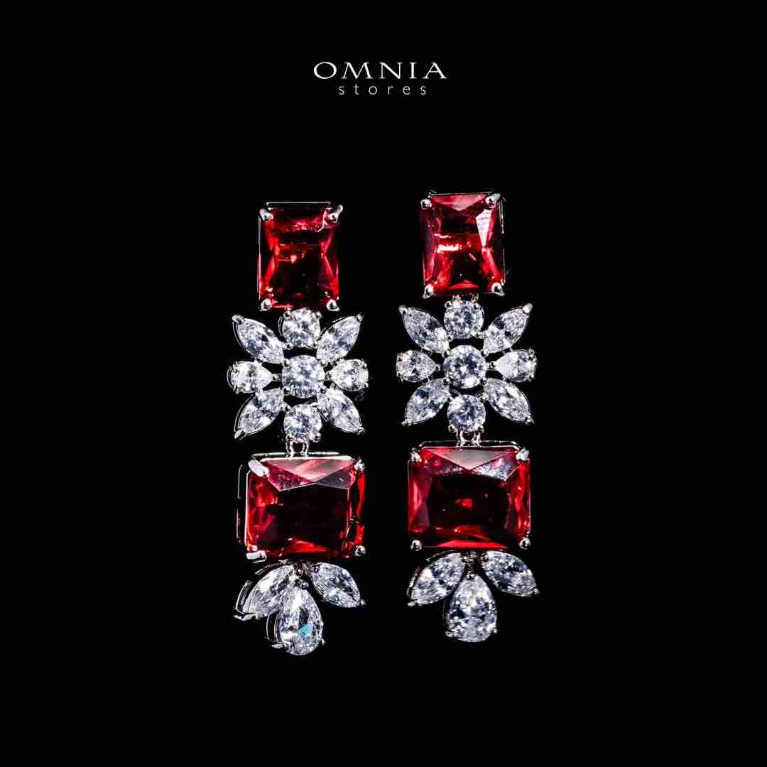 Omnia Charlotte Red Luxry Bridal Full Set with Emerald and Pear-Cut High-Quality Simulated Diamonds Rhodium Plated