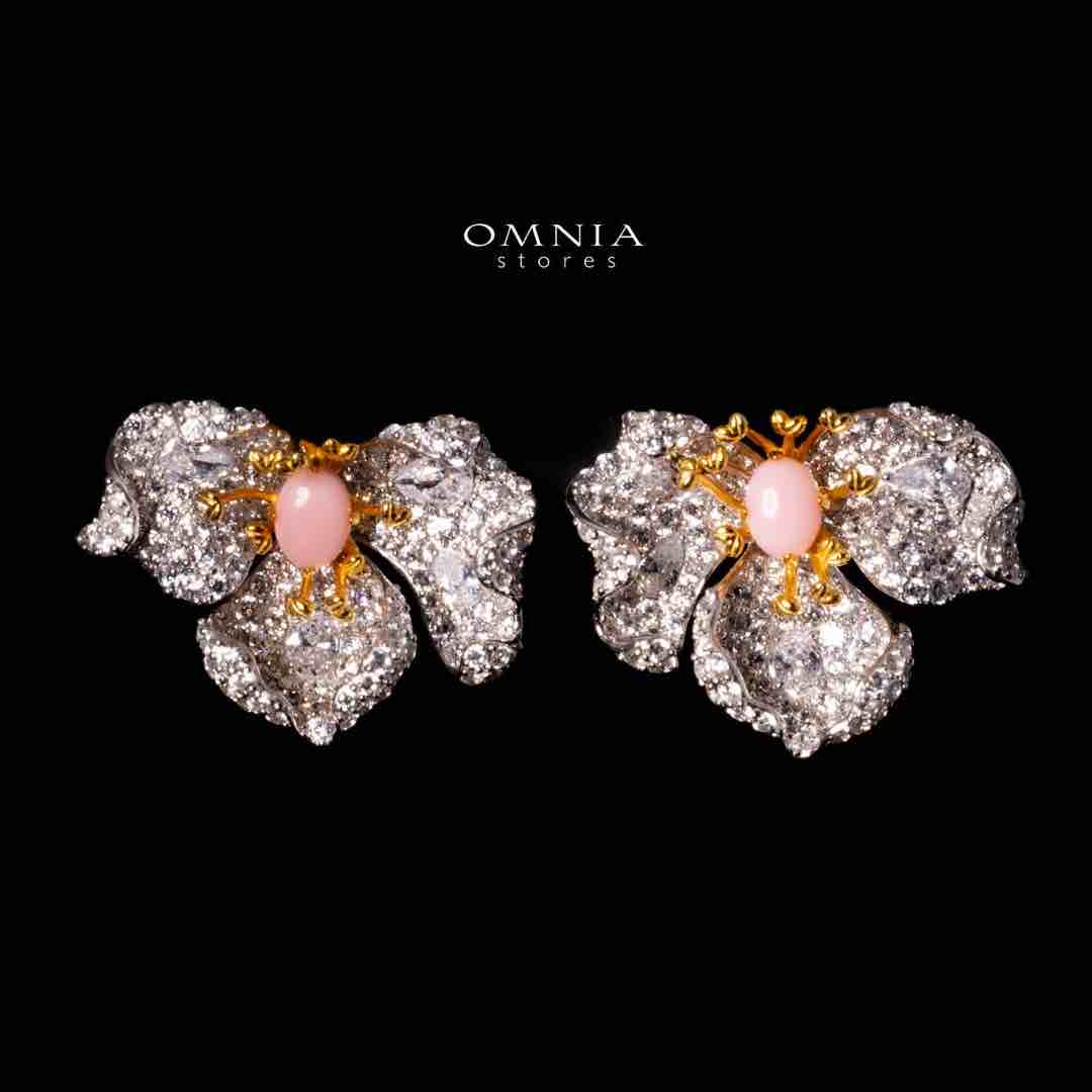 Omnia Fiora Pink Coral Flower Silver Clip Earrings in 925 Silver High Quality White Simulated Diamond Stones