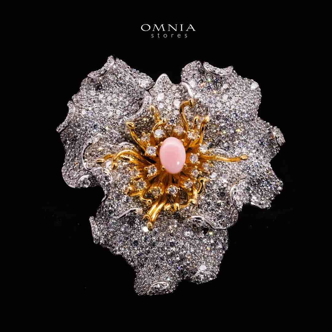 Omnia Fiora Pink Coral Flower Silver Brooch in 925 Silver High Quality White Simulated Diamond Stones