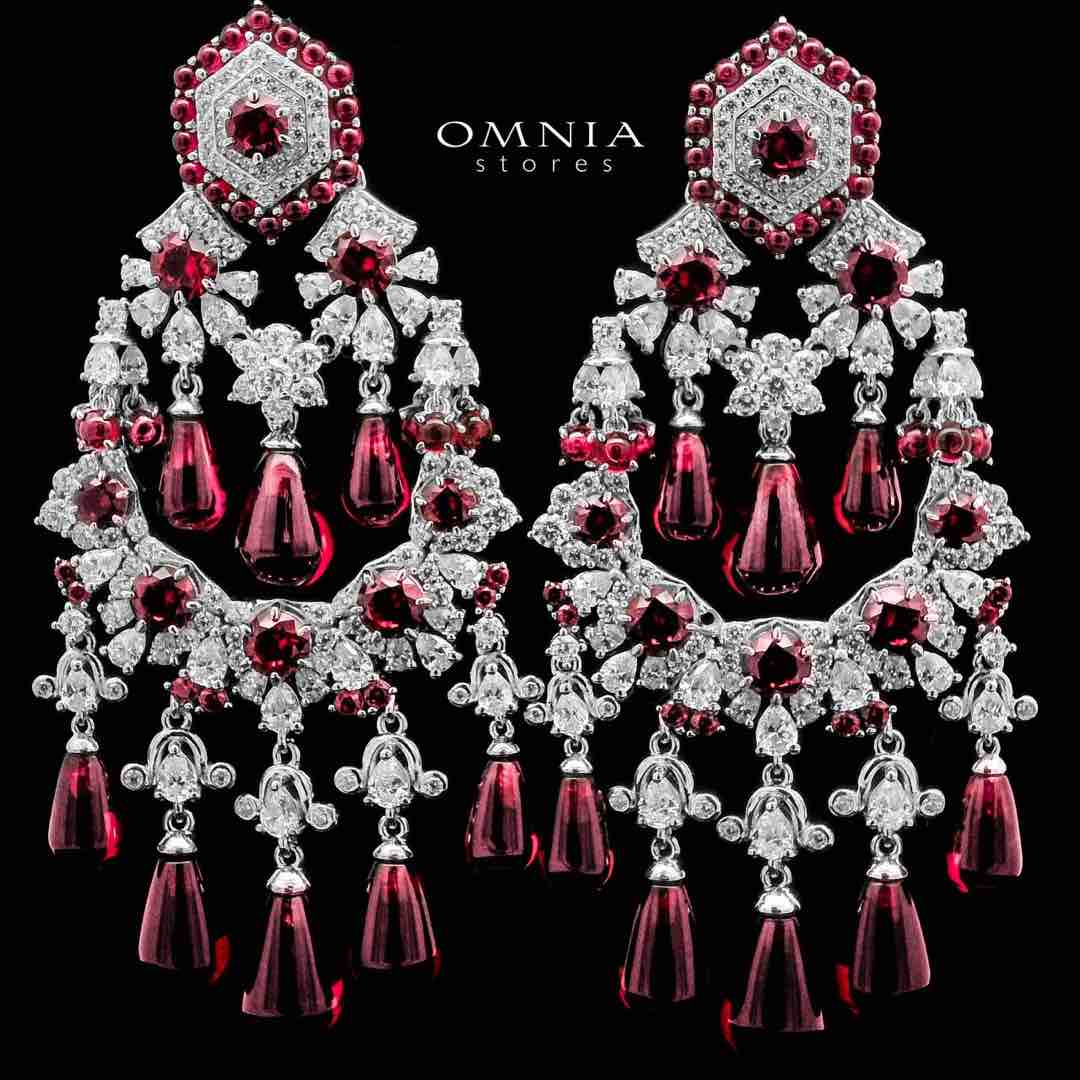 Omnia Nawwar Red and Pink Drop Earrings 925 Silver in High Quality Lab Crafted Diamonds