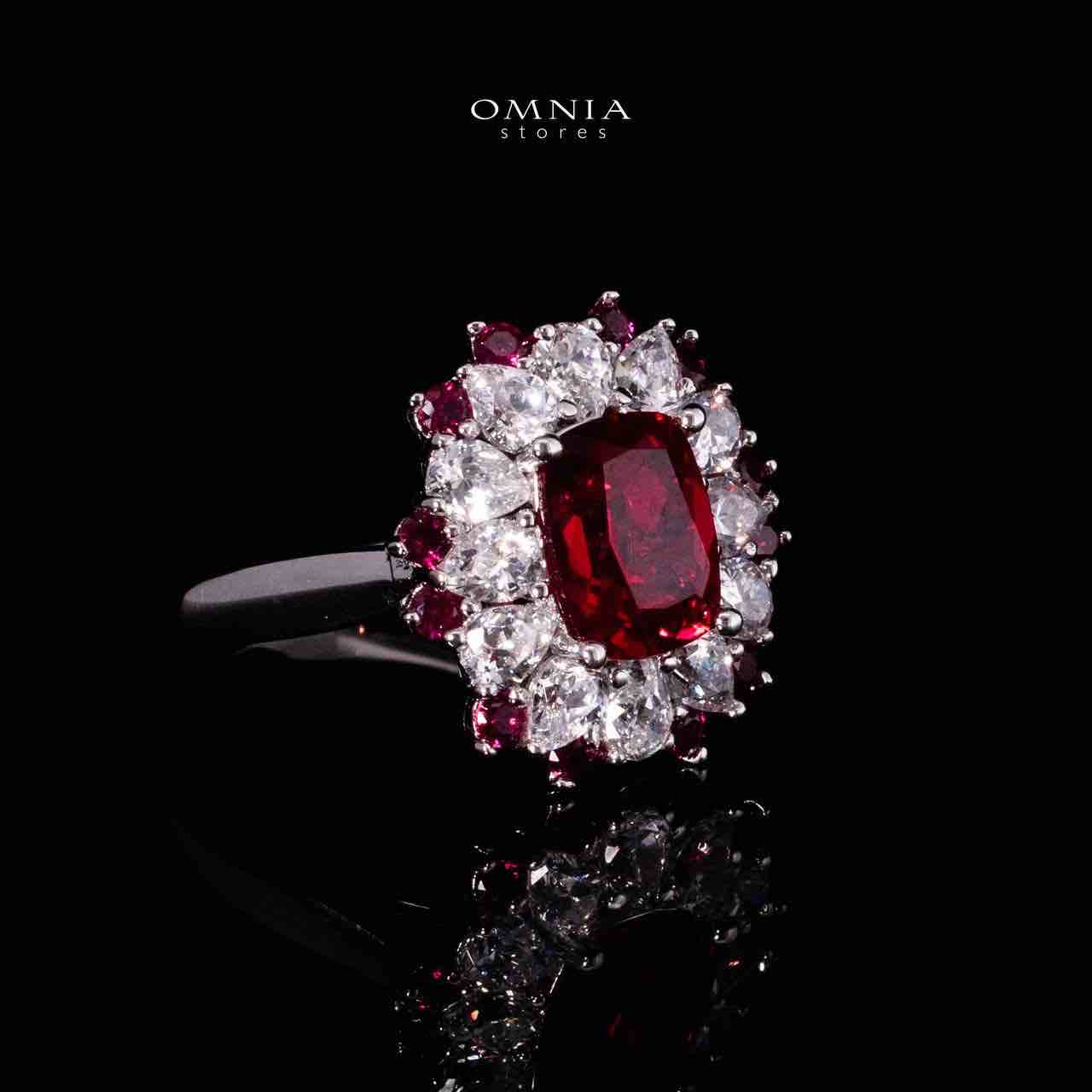 Omnia Lyna Silver Ring in 925 Silver With GRC Certifited High Quality Ruby Red Lab Grown Stones