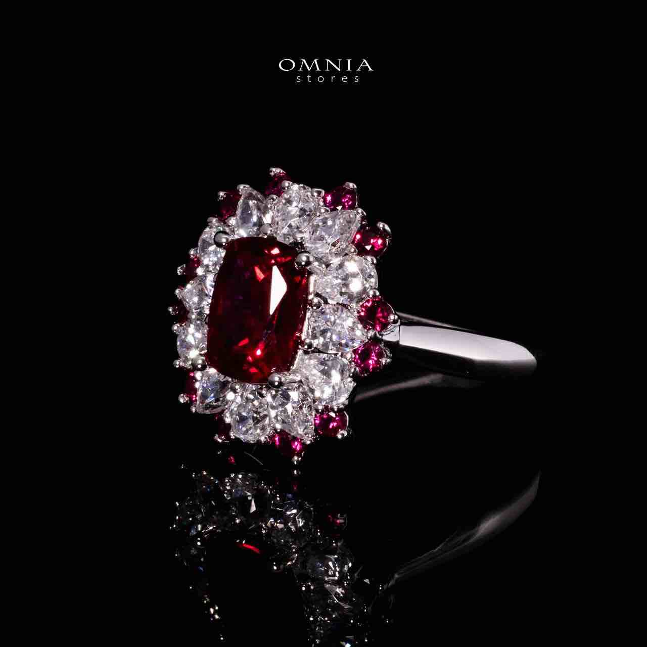 Omnia Lyna Silver Ring in 925 Silver With GRC Certifited High Quality Ruby Red Lab Grown Stones
