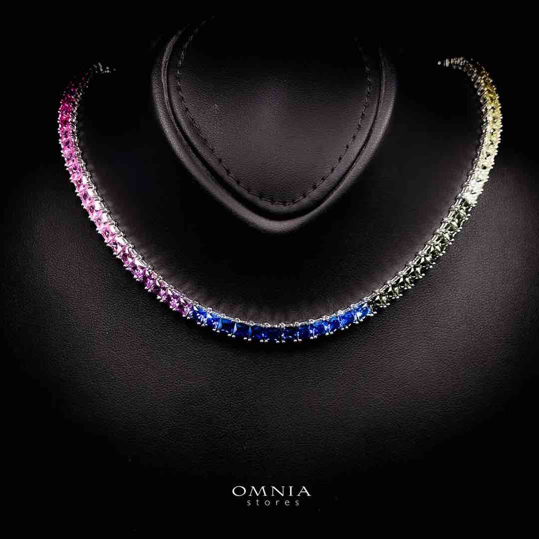 Omnia Zaha Rainbow Silver Tennis Necklace in 925 Silver With GRC Certifited High Quality Sapphire Lab Grown Stones