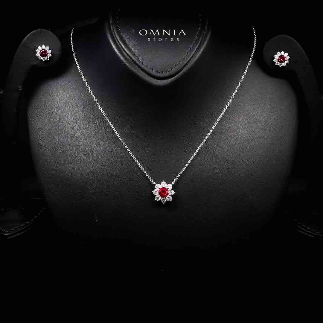 Omnia Naisha Silver Necklace and Earrings Set in 925 Silver With High Quality GRC Certified Ruby Red Lab Grown Stones