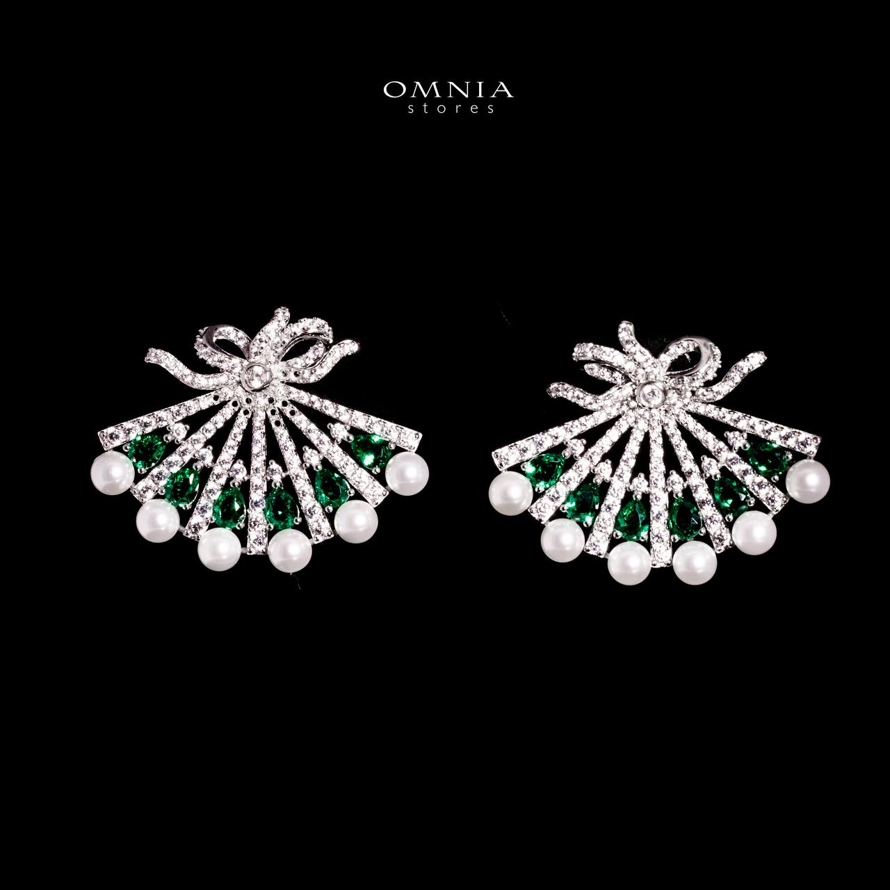 Omnia Azra Silver Pearl Stud Earrings In 925 Silver With High Quality Green Lab Crafted Stones
