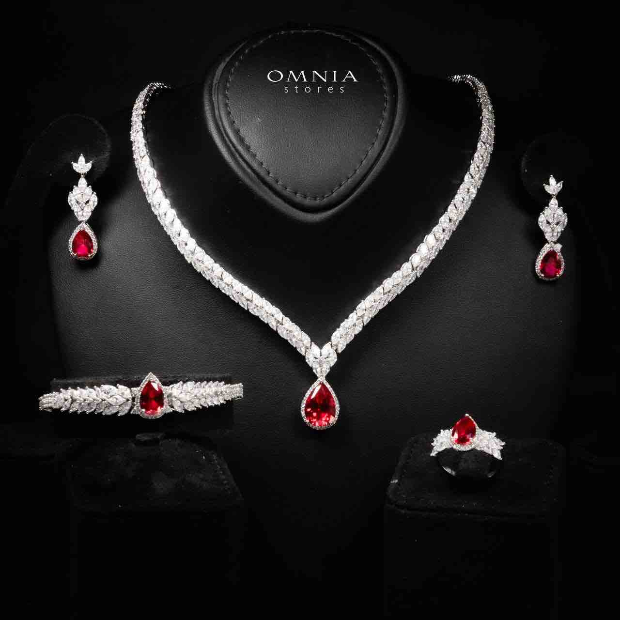 Omnia Aamira Teardrop-Design Bridal Red Full Set with High-Quality Zircon Stones in Rhodium-Plated Finish (Size 18cm Ring Size 7 Only available in KSA) - OMNIASTORES UAE