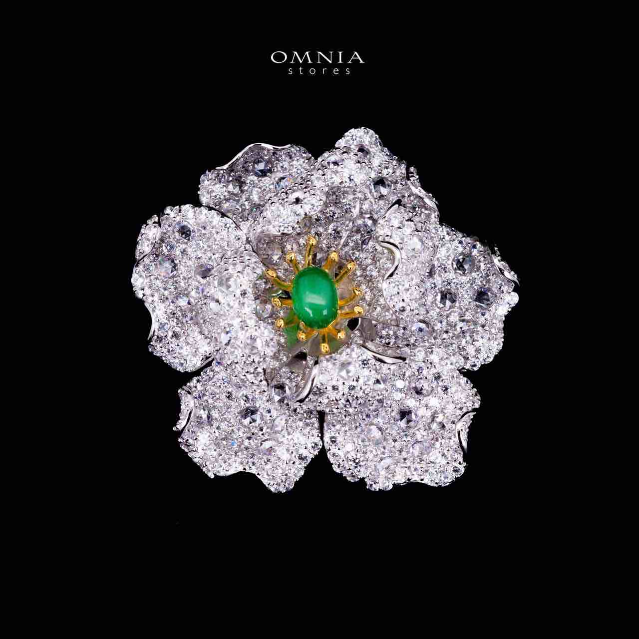 Omnia Riyana Green and Gold Flower Brooch in 925 Silver High Quality Simulated Diamond Stones