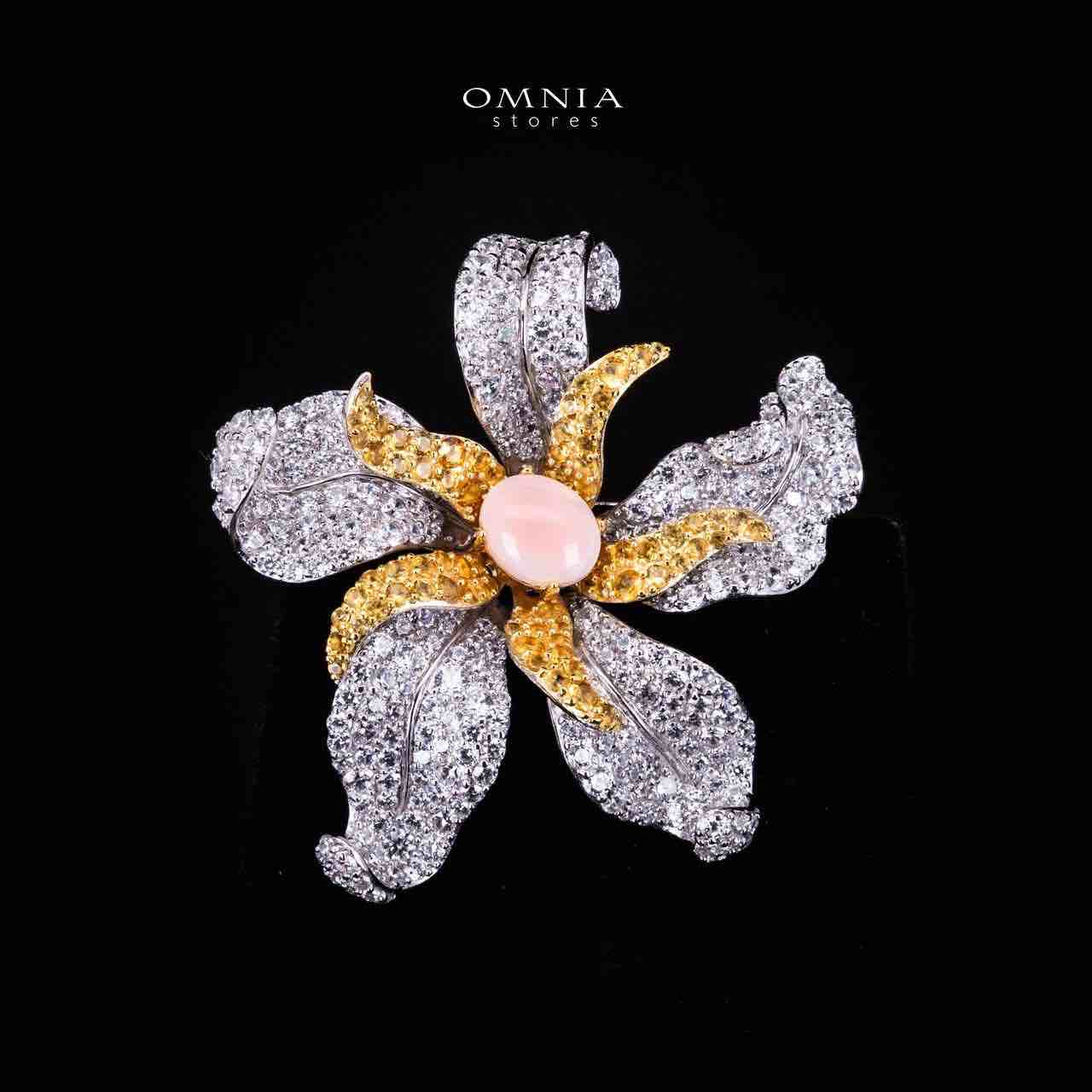 Omnia Afreen Gold Flower Brooch in 925 Silver High Quality Simulated Diamond Stones With Pink Coral