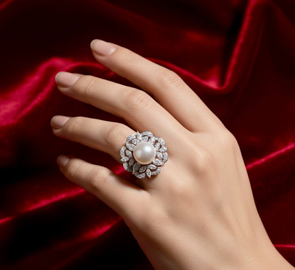 خاتم أومنيا ألايا الفضي المرصع باللؤلؤ، مصنوع من الفضة عيار 925، ومزين بأحجار كريمة عالية الجودة مصنعة في المختبر.