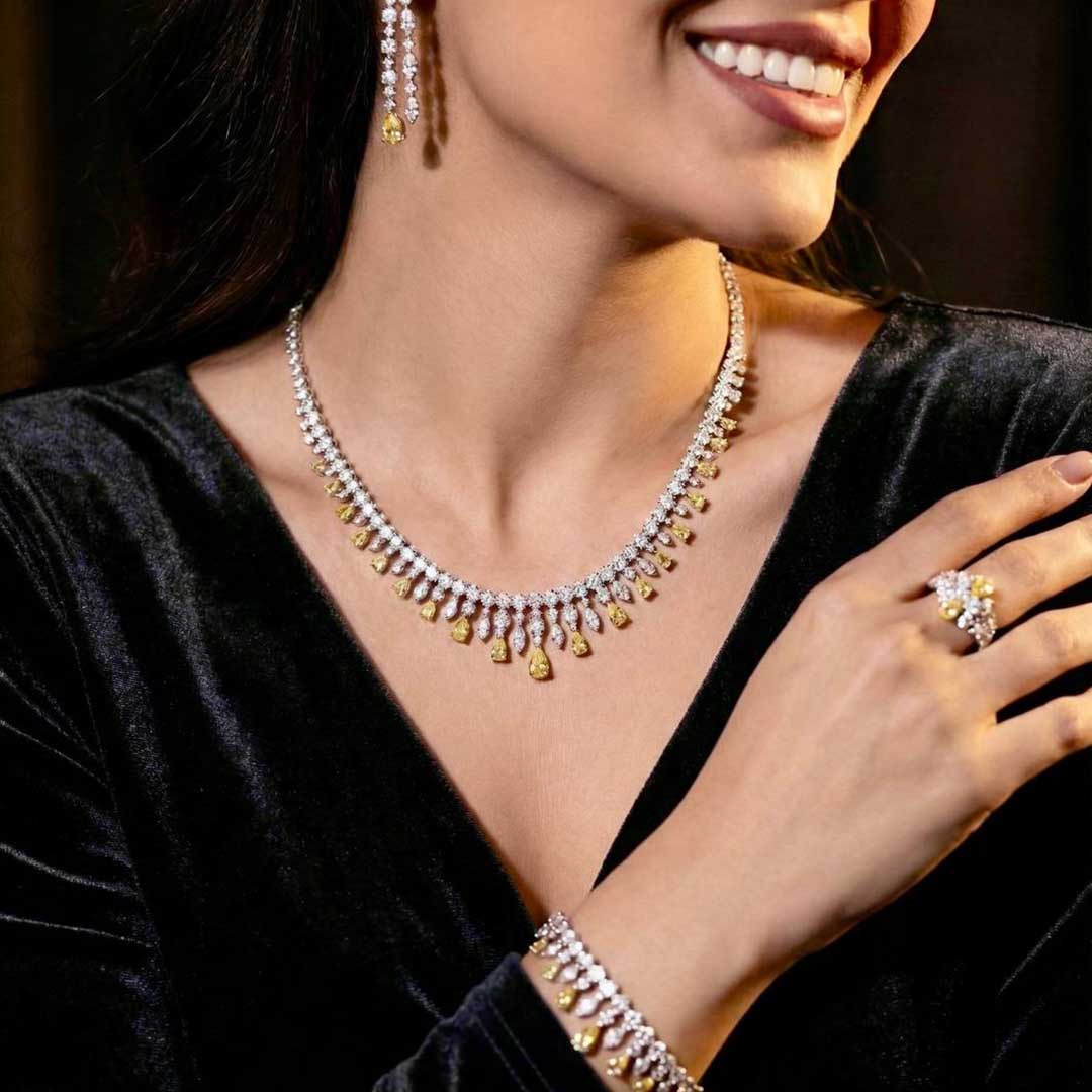 Omnia Syla Yellow Luxury Bridal Full Set in High Quality Zircon Stone Rhodium Plated