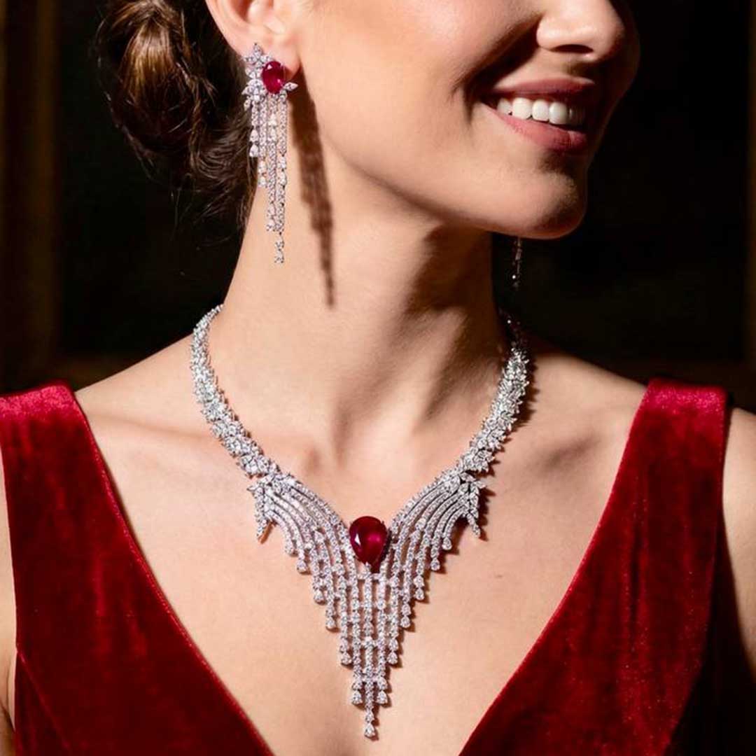 Omnia Abir Maroon Bridal Necklace & Earrings Set in 925 Silver with Pear and Marquise-Cut High-Quality Simulated Diamonds
